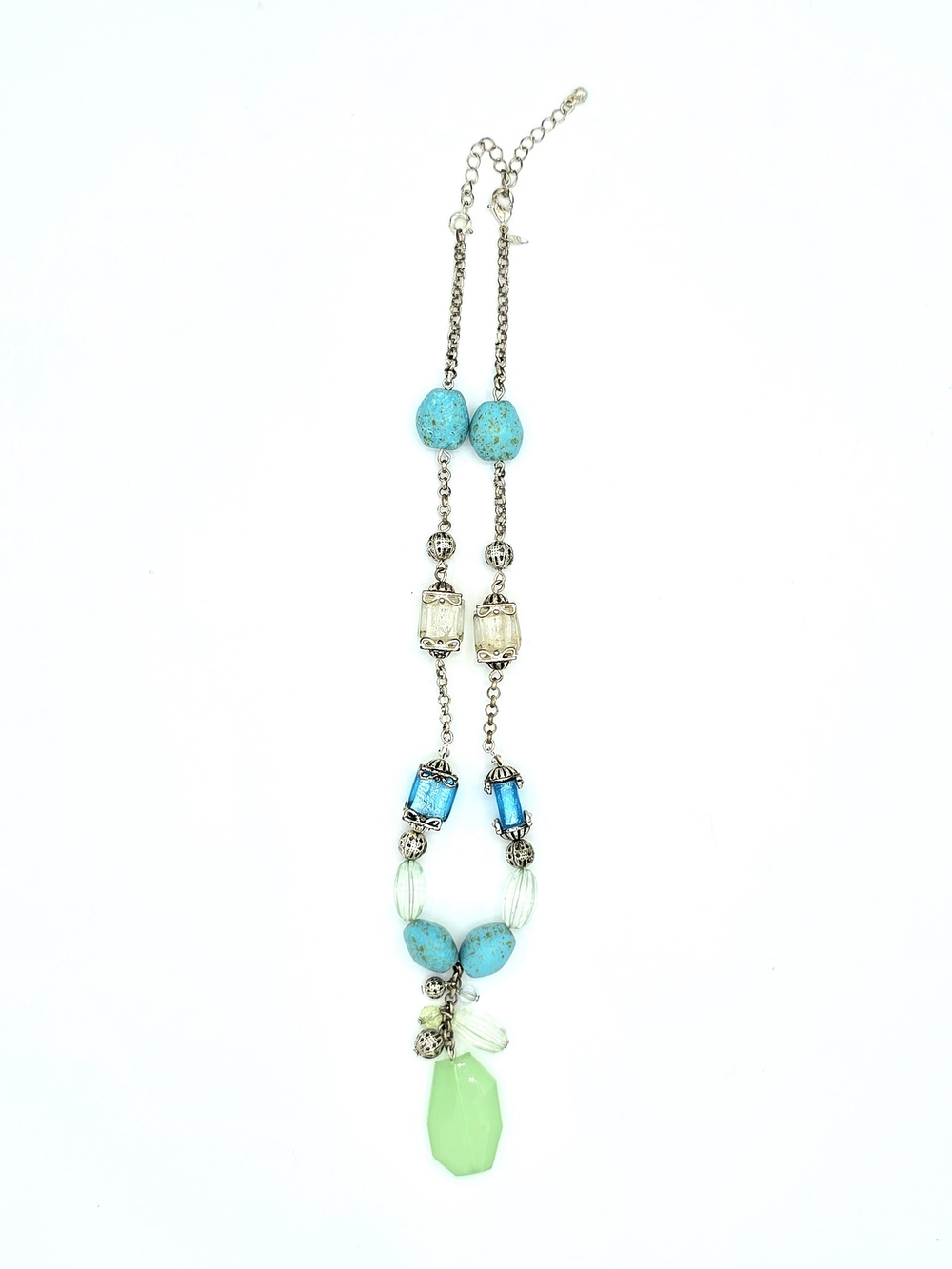 Vintage Avon Turquoise & Green Beaded Silver-Tone Pendant Necklace